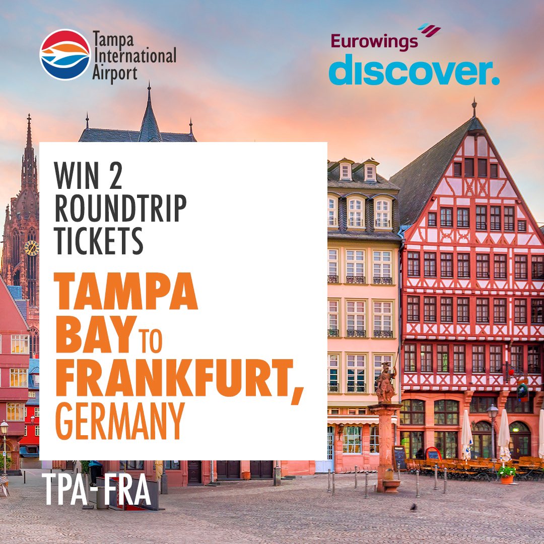 FlyTPA's tweet image. FREE TICKETS TO FRANKFURT?! 👀

Now’s your chance to win two roundtrip tickets from TPA to FRA aboard Eurowings Discover! 

TELL YOUR FRIENDS AND ENTER NOW: tinyurl.com/42mfrv4b