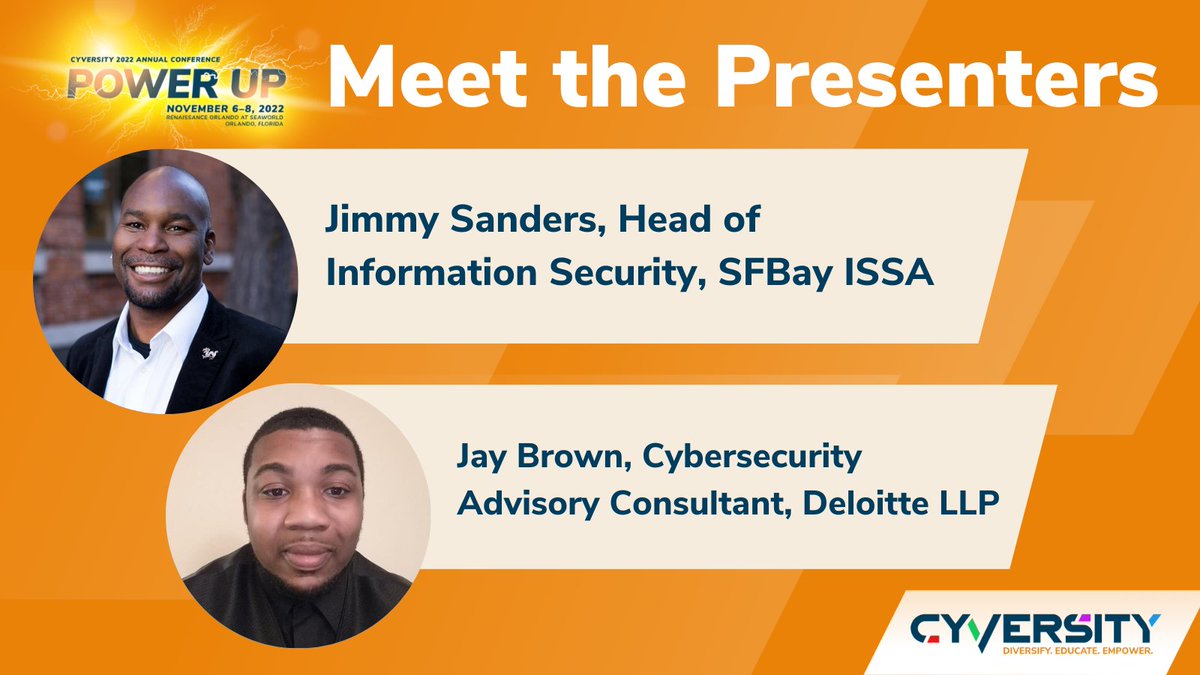 OneCyversity's tweet photo. Meet the Presenters! Check out the Conference agenda to learn about the presenters and their sessions and get excited for the Power Up Conference! Learn more and register: https://t.co/nOBr9z77aS  #PowerUp22 #Cyversity #Cybersecurity #Security https://t.co/rngZ6gf3K0