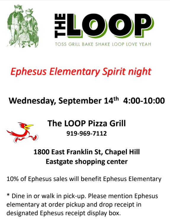 Spirit Night this Wednesday from 4pm-10pm! Don't forget to mention Ephesus when you order and put your receipt in the Ephesus box. <a href="/EphesusPTA/">Ephesus PTA</a>