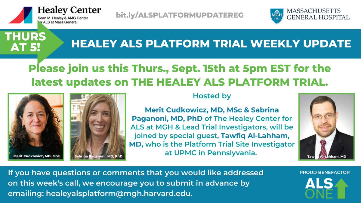 alsone_official's tweet image. Thurs, 9/15 @5pm ET - the latest updates on The Healey #ALSPlatformTrial.  Hosts @MeritCudkowicz &amp;amp; @PaganoniMDPhD of @MGHNeurology &amp;amp; Lead Trial Investig's, will be joined by Tawfiq Al-Lahham, MD, the Trial Site Invest. @UPMC Reg@ bit.ly/ALSPLATFORMUPD….
#ALS #EndALS #HealeyHope