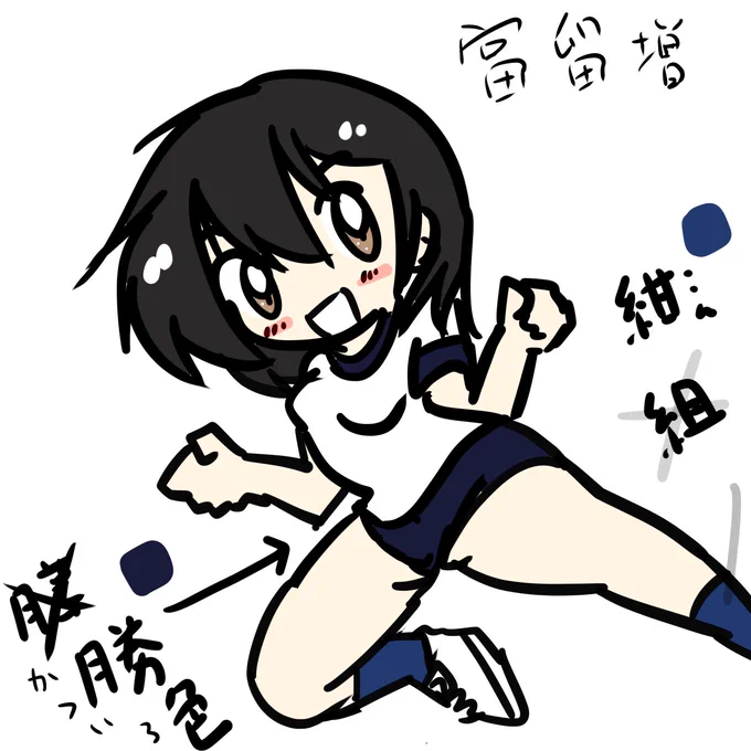 当キャラクターの旧式体操服の色は縁起の良い黒字青天井を連想させる青と黒の混色である紺色と思われがちですが、使用している色はさらに濃い混色の「勝色」でございます。紺よりも濃く、勝ちが狙える縁起の良い勝色の富留増(ふるま)のイラストで天井知らずの黒字を目指していきましょう! 
