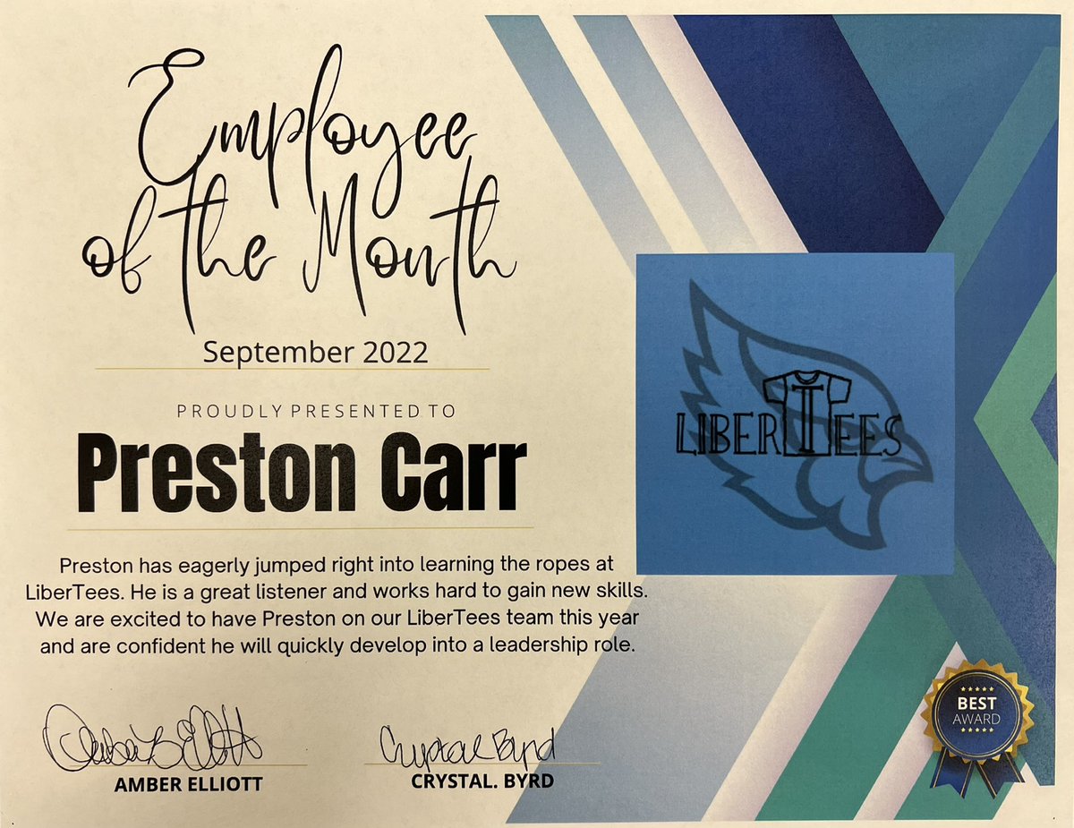 LTownTees's tweet photo. Preston Carr is our LiberTees Employee of the Month for September! Kudos to Preston for jumping right in and being eager to learn the ropes! https://t.co/KaQvRGv22G