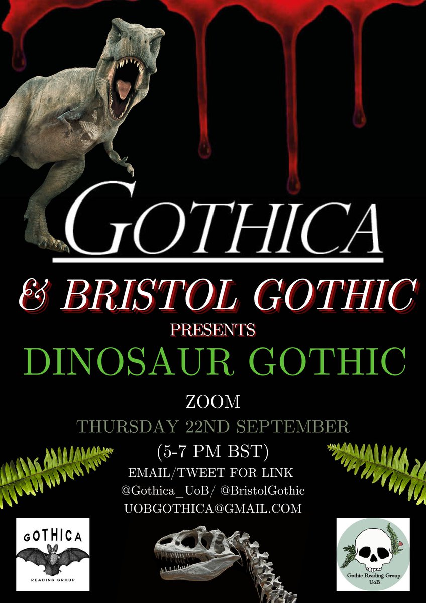 GOTHICA ๐ฆ (gothicauob.bsky.social) (@gothica_uob) on Twitter photo <a href="/dr_r_fallon/">Richard Fallon</a> will take us back to the Gothic roots in medievalism โ๏ธ looking at dragon myths ๐
@WillTattersdill will assess the Jurassic Park movies ๐ฌ  & the original novel ๐ looking at genre from Sci-Fi to horror ๐ฉธ
Join us next Thurs 
5-7pm, Zoom <a href="/dr_r_fallon/">Richard Fallon</a> will take us back to the Gothic roots in medievalism โ๏ธ looking at dragon myths ๐
@WillTattersdill will assess the Jurassic Park movies ๐ฌ  & the original novel ๐ looking at genre from Sci-Fi to horror ๐ฉธ
Join us next Thurs 
5-7pm, Zoom