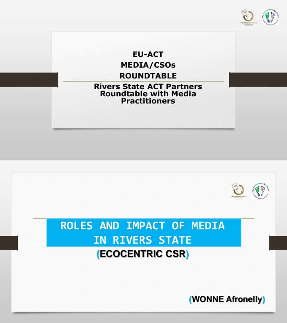 myEmyWEALTH's tweet photo. Last Mon our initiator @wonneafronelly made a presentation on ROLES & IMPACT OF MEDIA IN RIVERS STATE during EU-ACT Partners Roundtable by EU & #BritishCouncil
ECOCENTRIC CSR was her major emphasis-"no Media can thrive in a continuously degrading envi"
#TheECOpledge
#SEAL2023 https://t.co/2k0laUGmfv