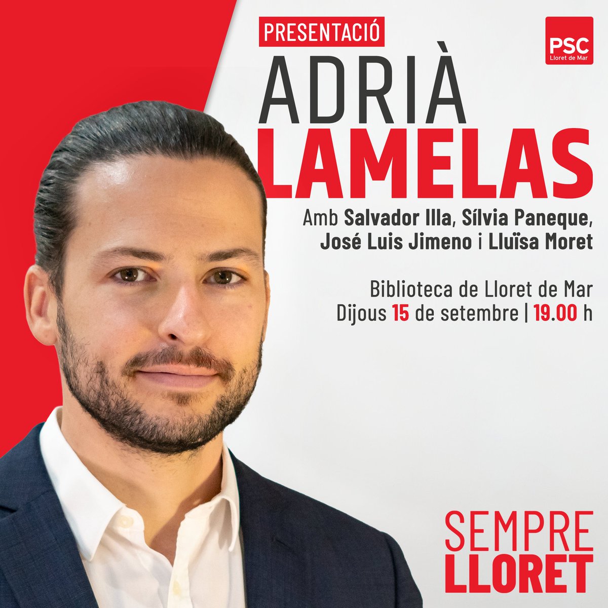 lloretpsc's tweet photo. Vine a conèixer a l'Adrià Lamelas👇🏻
〰️ Dijous, 15 de setembre 
〰️ A les 19h, a la Biblioteca de Lloret de Mar  
〰️ Amb la participació de Salvador Illa i Sílvia Paneque 
〰️ Acte públic

T'espero!

#AdriaLamelas #SempreLloret #PSCLloret #LloretDeMar https://t.co/X8vndME0cl