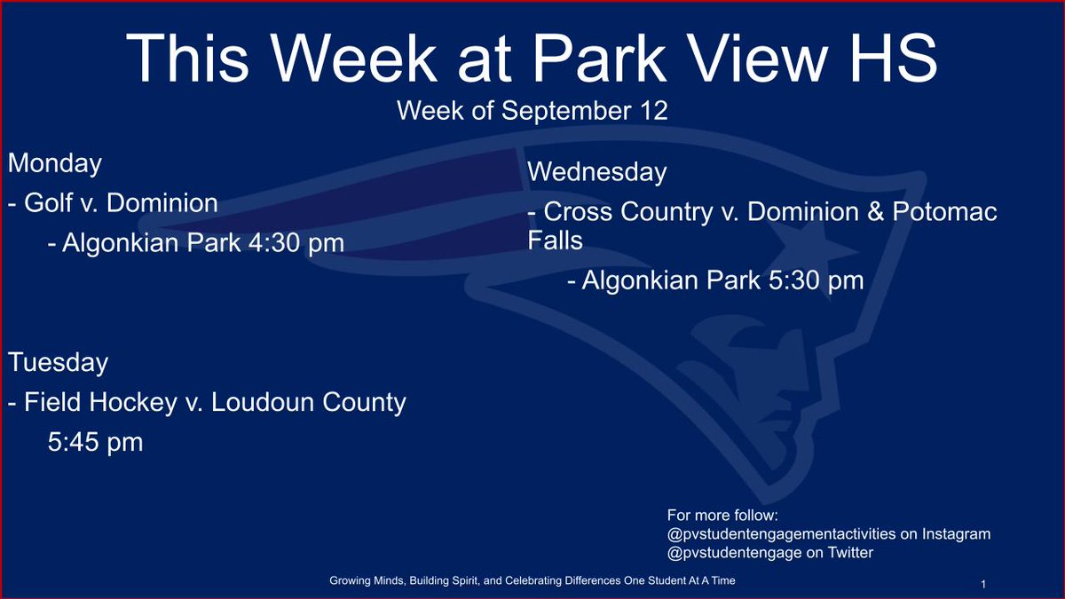 PVStudentEngage's tweet photo. Hope to see you at PV this week! #gopatriotsgo @Park_View_HS https://t.co/zyYgYTy05V