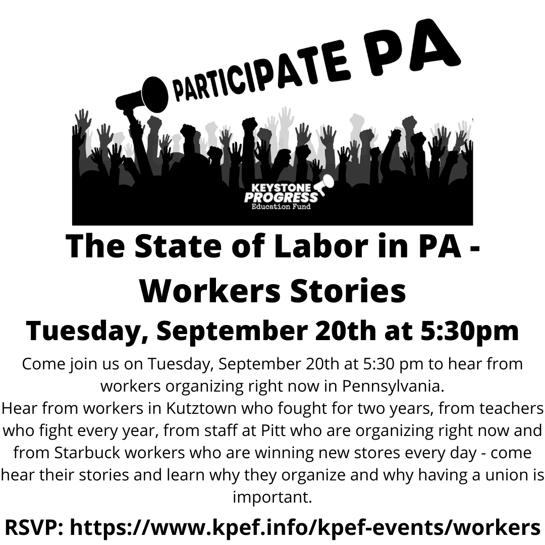 KPprogressforPA's tweet photo. Come join us on Tuesday, September 20th at 5:30 pm to hear from workers organizing right now in Pennsylvania.
https://t.co/qIJsaezKHM
#labor #workersrights #organizedlabor #PAworkers #union https://t.co/DcqGtaNiHc