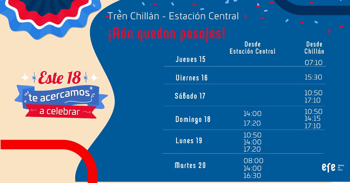 EFE_Chillan's tweet photo. ¡Últimos pasajes! 🙌 Ingresa a https://t.co/nMTwLYAn96 y asegura tu viaje en #EFEChillán. 🇨🇱✨ https://t.co/6qEY3Iez15