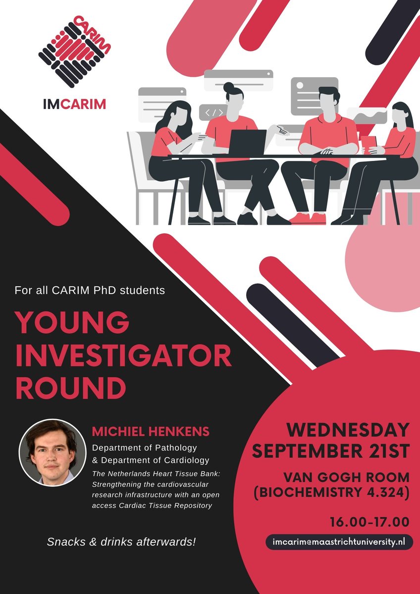 📢 for all our CARIM PhD's ! 
On 21 September at 4 pm <a href="/m_henkens/">MHenkens</a>  will tell you all about the Dutch Heart Tissue bank from the <a href="/Hartstichting/">Hartstichting</a> 
come in and join this interesting lecture! 
Event organised by #IMCARIM. 
#Hartenbank