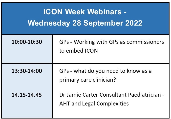 ICON_COPE's tweet photo. ICON Week - 26-30 September 2022
Join us for some informative webinars during ICON Week.  On Wednesday 28 September, speakers will include GPs and a Consultant Paediatrician 
Details can also be found on our website: https://t.co/ExYJwgVtRl 
#ICONcope #ICONweek2022 https://t.co/BDhkbMr6c4