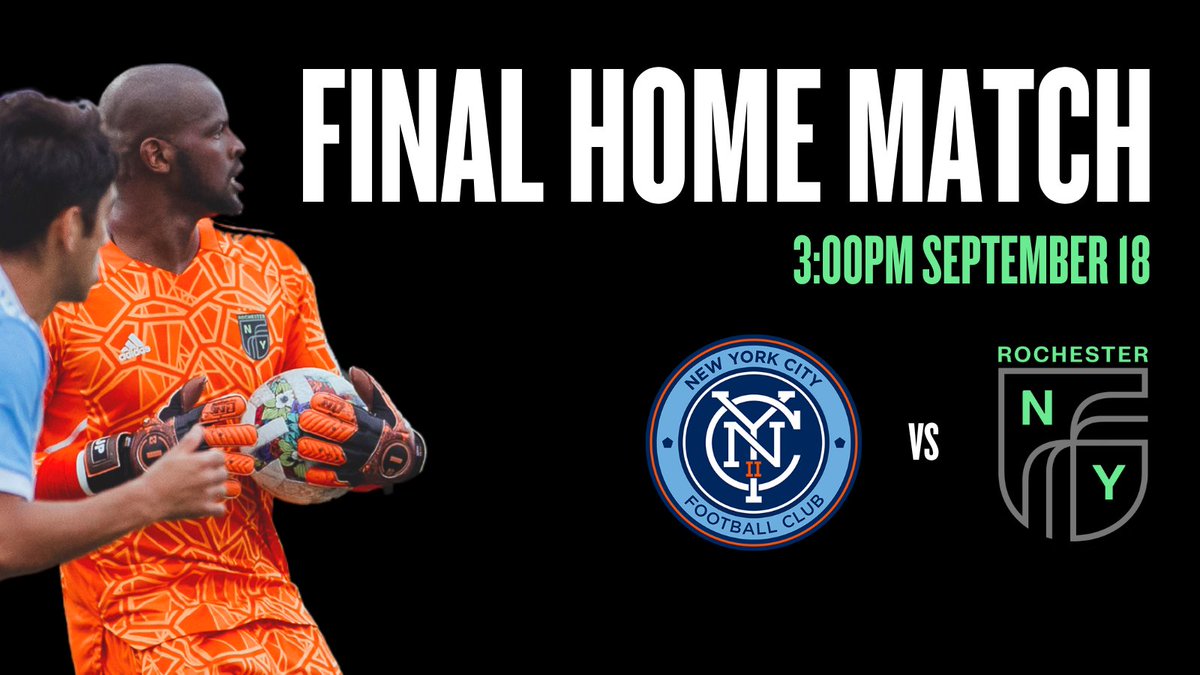 rnyfcofficial's tweet photo. Last chance to see #RNFYC at home take on NYCFC II for our final home match in regular season play. Cheer us on to victory on Sunday, September 18 at 3:00pm 📣!

Buy your tickets today before it’s too late ➡️ https://t.co/J4amrhbrHm 

#RNYFC #ROCvNYC #GameDay #RochesterTickets https://t.co/IKEg2nBSiN