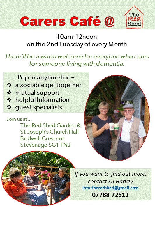 TheRedShedHerts's tweet photo. Our monthly Carers Café is open again tomorrow.  Looking forward to seeing everyone and welcoming new people along. https://t.co/dTEatJA2Nk