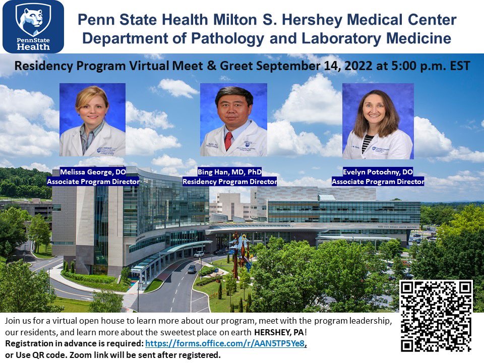 Penn State Health Pathology is hosting a virtual Open House for the upcoming residency interview season.  This Wednesday, September 14, 22 beginning at 5 p.m. EST.  Please feel free to share with applicants you feel might be interested. <a href="/ga_torres/">Gustavo Torres, M.D.</a> <a href="/e_eman2/">Eman Sallam</a>