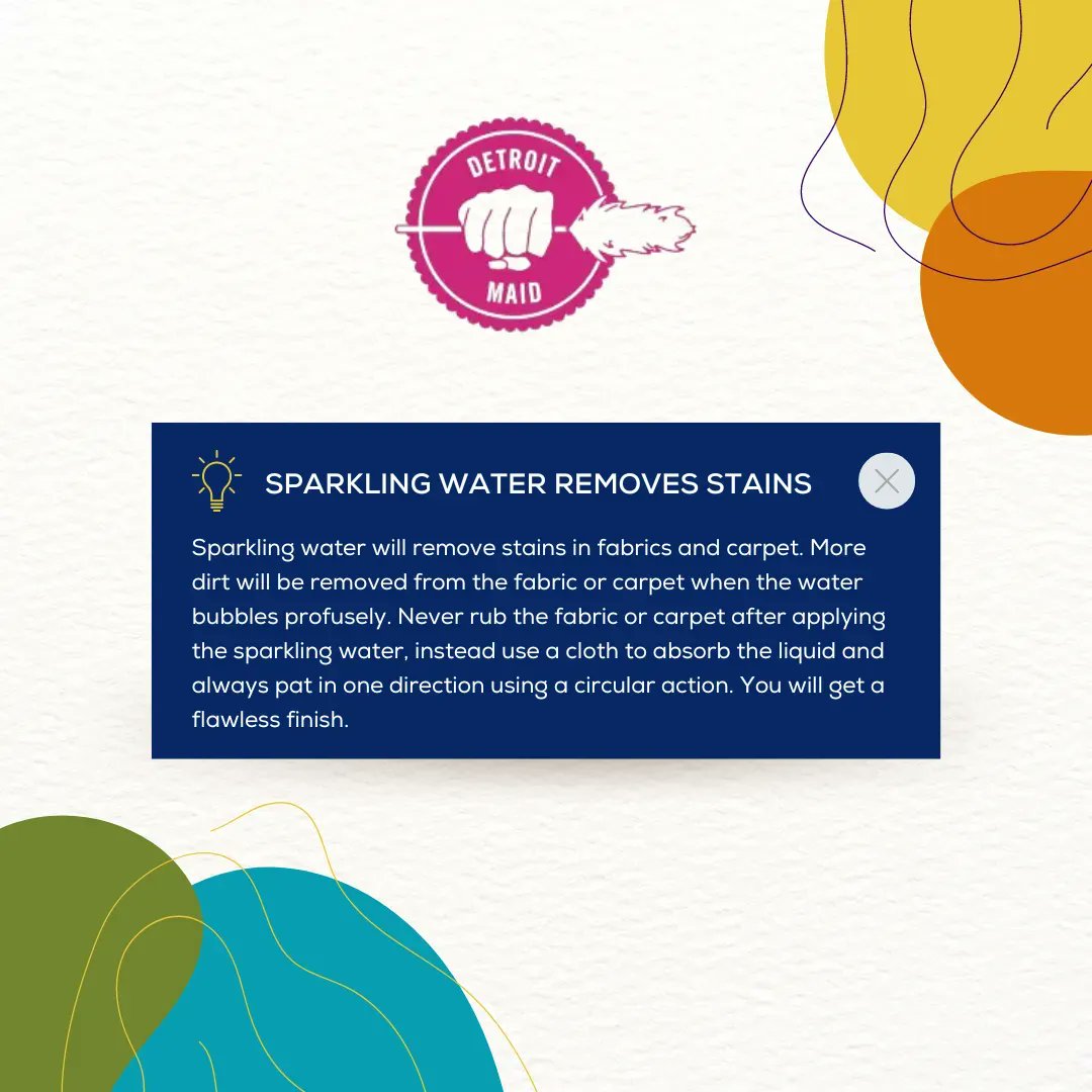 DetroitMaid's tweet image. Worried about pesky carpet stains? Simple hack...sparkling water! 😌 Prefer to leave the cleaning to someone else? 🤔 Book your #DetroitMaid appointment here buff.ly/3eHSMRt! 

#cleaninghacks #hacks #cleaningtips #cleaningservice #housecleaning #tips #cleaningapp #detroit