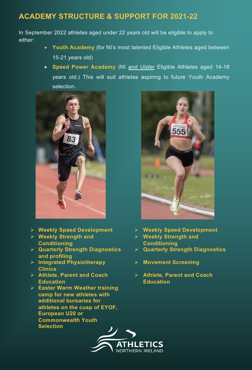 AthleticsNI's tweet image. ℹ️ Academy 2022-23 Applications Now Open! ℹ️

Athletes aged 14-21 years are eligible to apply for Youth Academy or Speed Power Academy. Applications will be assessed on both performance &amp;amp; potential.

Find out more &amp;amp; apply by 23rd September: 
athleticsni.org/News/Athletics…

@SportNINet