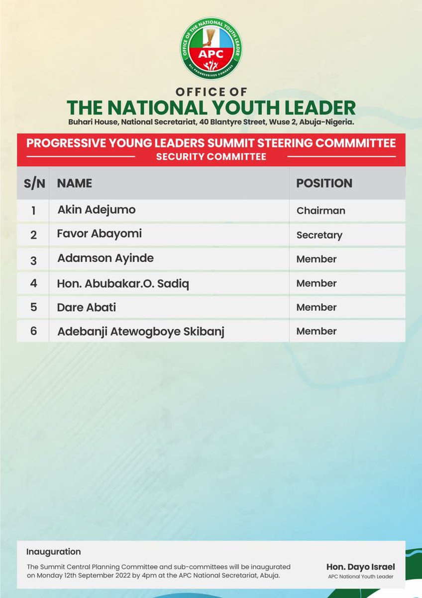 WandeWatt's tweet photo. APC YOUTH WING Progressives young leaders summit coming up at the ICC Abuja on the 18th and 19th of September 2022, below are the lists of different committees, congratulations to those that made the list.
#PLYSUMMIT
@apcngyouthwing
@dayoisrael https://t.co/YE8x6bJTF9