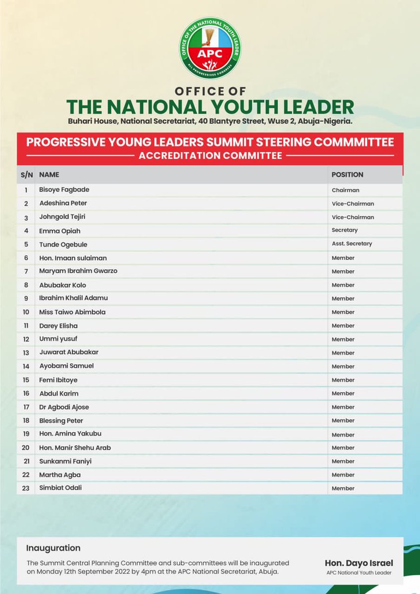 WandeWatt's tweet photo. APC YOUTH WING Progressives young leaders summit coming up at the ICC Abuja on the 18th and 19th of September 2022, below are the lists of different committees, congratulations to those that made the list.
#PLYSUMMIT
@apcngyouthwing
@dayoisrael https://t.co/YE8x6bJTF9