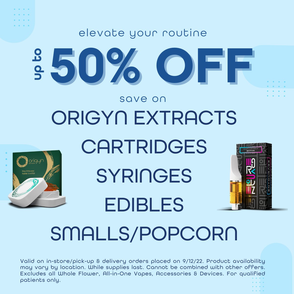 ayrflorida's tweet photo. Elevate your routine this week with up to 50% off๐ Save on Origyn Extracts, all cartridges, all syringes, edibles, and smalls for a limited time. See you soon! #libertyhealthsciences #flmmj #floridammj https://t.co/i9iScsNmXJ