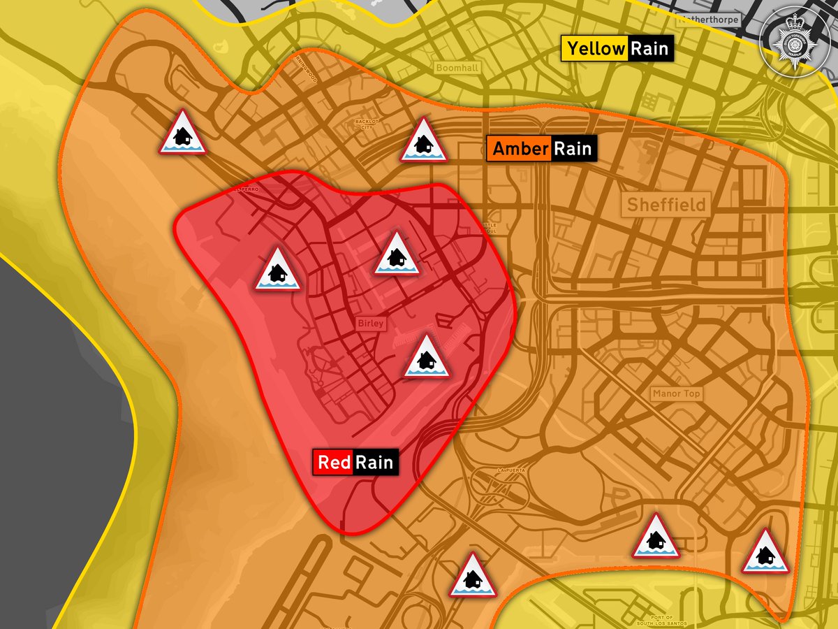 SYRPC_SYFRS's tweet photo. Important public announcement ⚠️

We have received rain warnings recently which are showing some harsh levels of constant rain to come ⚠️ 💦

Flood Alerts have been placed into the following areas seen below 🗺

Please begin precautions and stay out of open waters 🏞

#Fictional https://t.co/iDlrrWpjIP