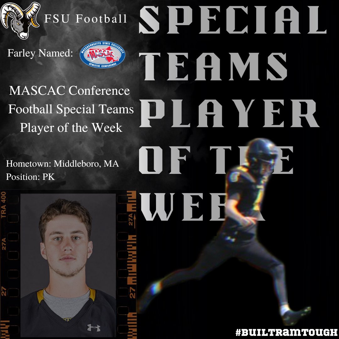 fsuramsfootball's tweet photo. Congratulations to Sophomore Kicker Matt Farley of Middleboro, MA on being named @mascacsports Football Special Teams Player of the Week! @FSURams #BuiltRamTough https://t.co/MrYeL1WNVX