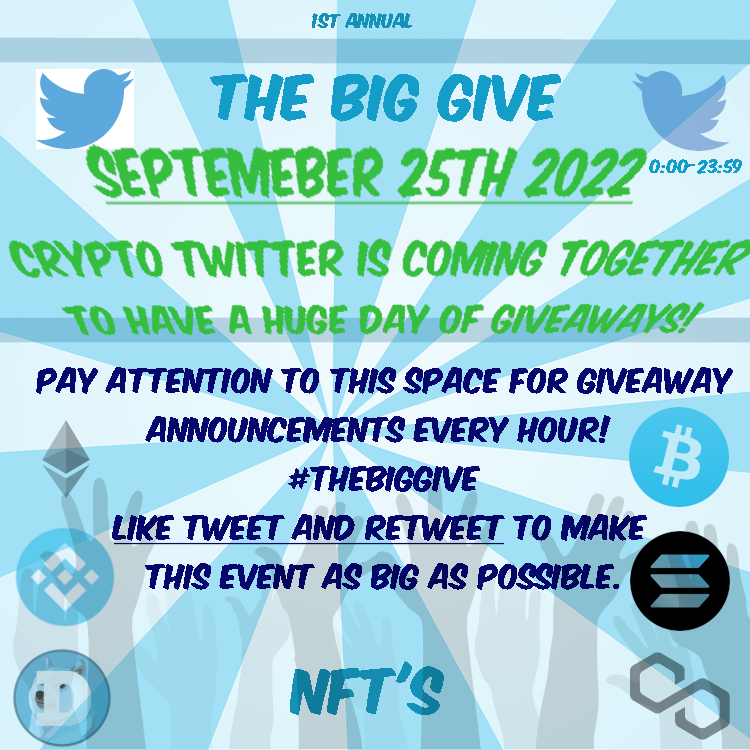 Kenslog's tweet photo. So excited to announce #thBIGgive on September 25th! 'Crypto twitter' is coming together to have 24 hours of giveaways :)  If you want to be involved, please reach out via DM. Share share and share lets get as many folks onboard as we can :) @coinkit_ mon 30 1000 #BTC https://t.co/WZaKD7fI1g