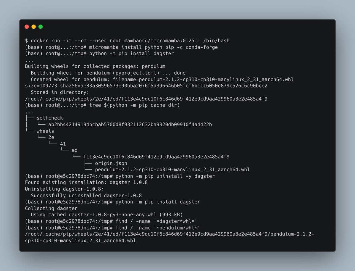 darthbith's tweet photo. Where does the pip cache go?!?! How does pip find the dagster wheel when find can't find it? So confused... #python Created with @carbon_app https://t.co/g3aRBRoYiA