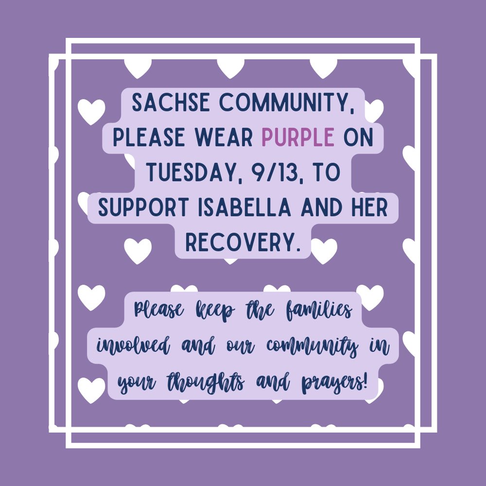 Thank you for those of you who wore pink today to honor Brooklyn and her family.

Join us in supporting Isabella and her recovery by wearing purple tomorrow, 9/13.

Continue to keep the families and our community in your thoughts and prayers! 💜