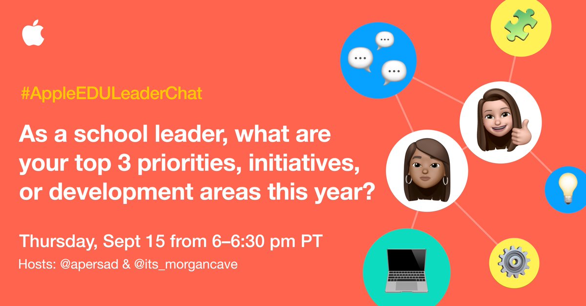 As a school leader, what are your top 3 priorities, initiatives, or development areas this year? Reply below 👇🏼 to start the conversation and join our live #AppleEDULeaderChat on Thursday at 6:00 pm PT with hosts <a href="/apersad/">Dr. Allison Persad</a> &amp; <a href="/its_morgancave/">Morgan Cave</a>.