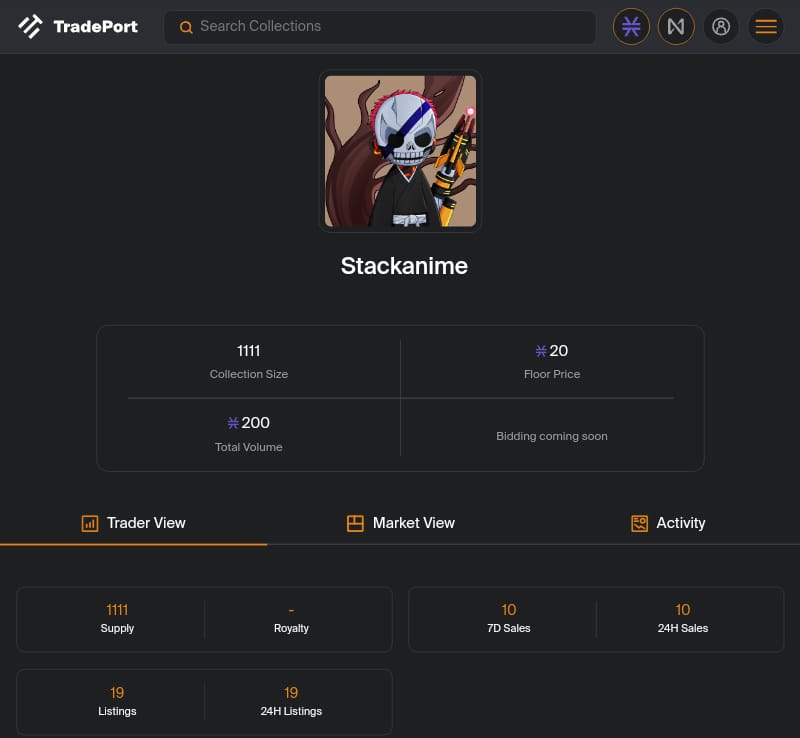 stackanimebtc's tweet image. 200 STACKANIME LISTED ON THE MARKETPLACE @tradeportxyz

Link Listing :  tradeport.xyz/collection/sta…

Link Minting : create.gamma.io/collection/sta…

And I was very surprised because after listing some NFTs sold 10 units 

#BTCUSDT #trygamma #tradeportxyz #stx #btc #Bitcoin