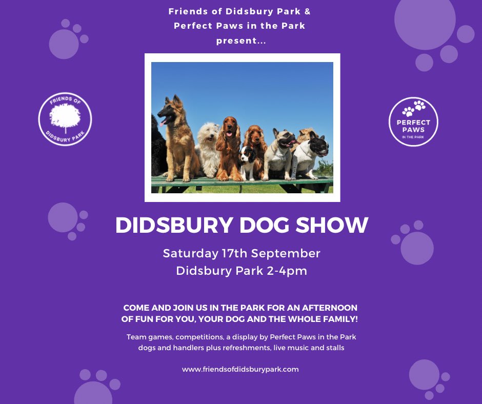 DidsburyPark's tweet image. What: Didsbury Dog Show 2022
When: Saturday 17 September 2-4pm
Where: Didsbury Park (by the football pitch)
Who: Didsbury Park Volunteers with Perfect Paws in the Park
For: Everyone! Please RT #Didsbury 🐾