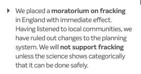 The mandate that the <a href="/Conservatives/">Conservatives</a> have to govern relies on their manifesto. The position on fracking is unequivocal. The new PMs actions in allowing fracking revokes that mandate and we should therefore have a general election.