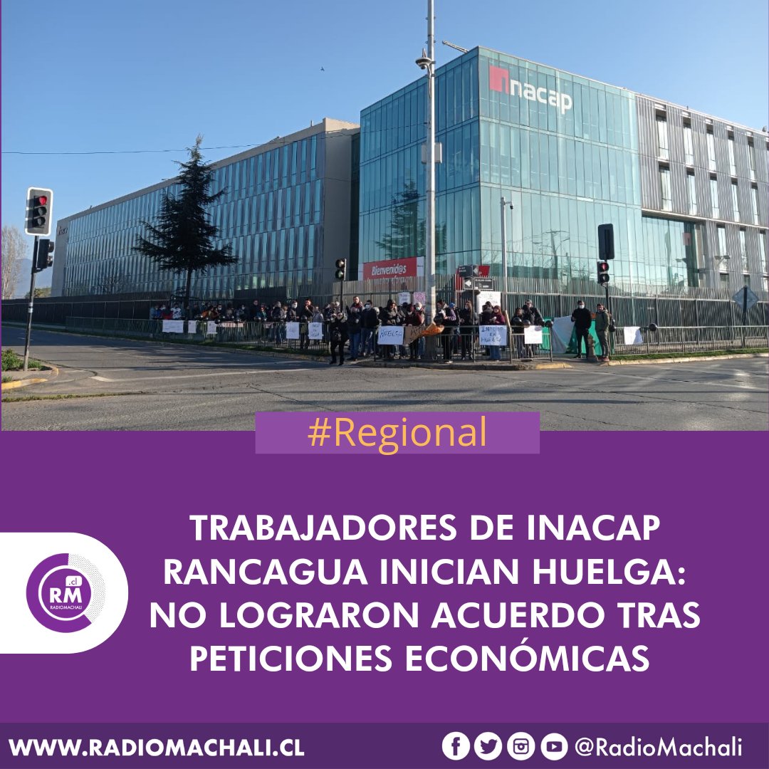 RadioMachali's tweet photo. Docentes y administrativos se manifiestan en las afueras de la sede Inacap #Rancagua, tras no lograr acuerdo en petición de mejoras salariales. 

#RadioMachalí #SomosLocales https://t.co/Lz0BRMAl6m