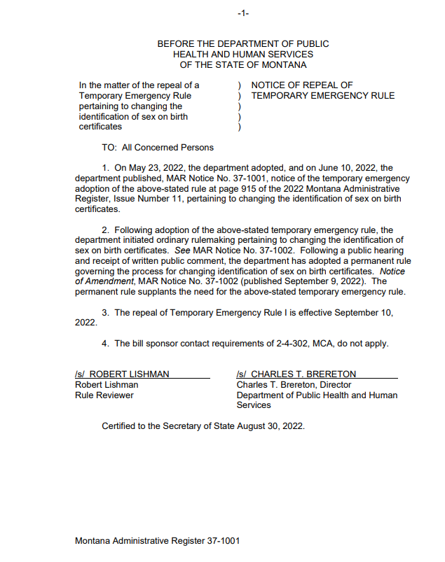 ErinInTheMorn's tweet photo. Effective immediately, Montana has banned changing the gender on your birth certificate illegal via executive fiat.

This is a deliberate defiance of a court order saying they had to allow transgender people to have correct documents.

I hurt for Montana transgender people today. https://t.co/zKHQtwohlY