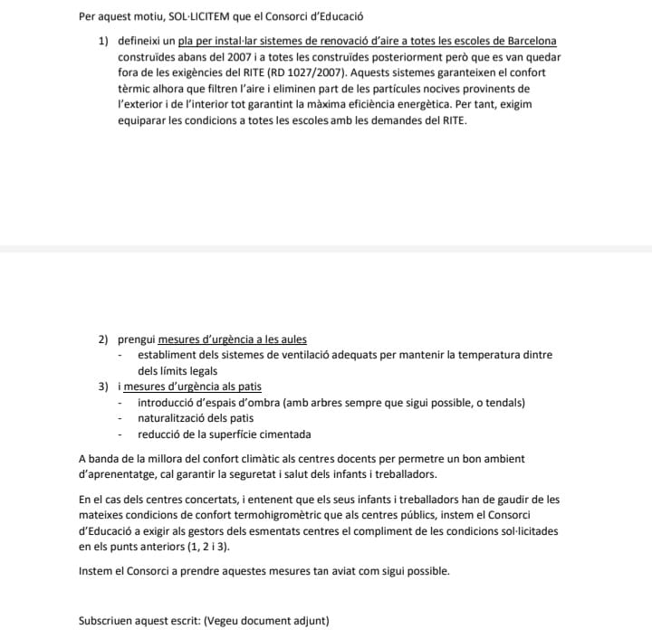 AfaAuro's tweet photo. 150 AFAs i 43 direccions d’escoles, amb el suport d’@affac_cat hem fet públic avui un manifest conjunt per reclamar mesures d’urgència i inversions per evitar temperatures insuportables als centres educatius de Barcelona. 👇Volem mesures estructurals! https://t.co/AYztUVztN0