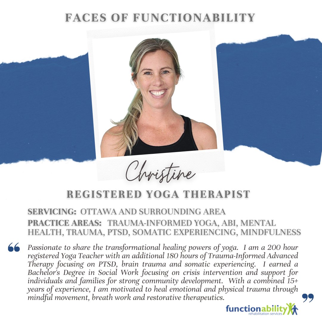 fa_rehab's tweet photo. It's #NationalYogaMonth! Meet one of our amazing Yoga Therapists - Christine! Based in the Ottawa area Christine helps clients to heal emotional and physical trauma through mindful movement, breath work, and restorative therapeutics.
#YogaTherapy #FacesofFunctionAbility https://t.co/zoKQ7MCkKf