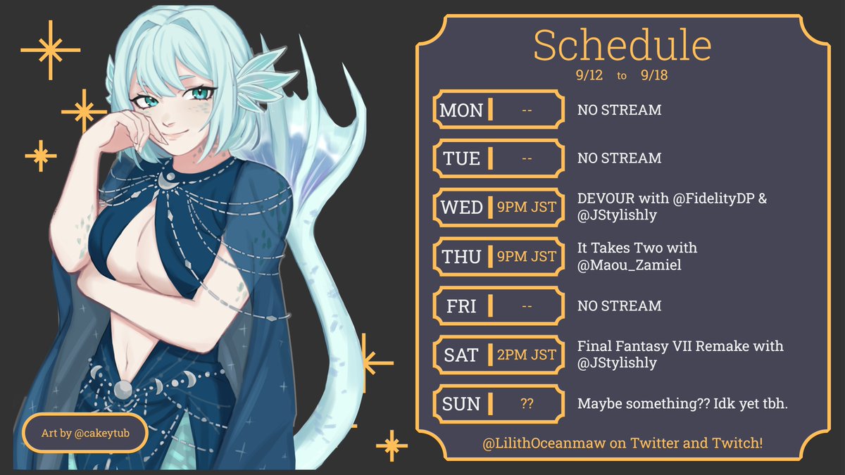 LilithOceanmaw's tweet photo. LATE POST AGAIN BUT WBK. LET'S GO, WEEK FOUR!✨

Doin' some more collabs with friends this week and I'm super excited about it!! 

I kind of just hope that my work won't bee like...too bad this week and that I can get home early :v

#Vtubers #PHVtuber #ENVtuber #VtubersUprising https://t.co/5KUwYGH12o