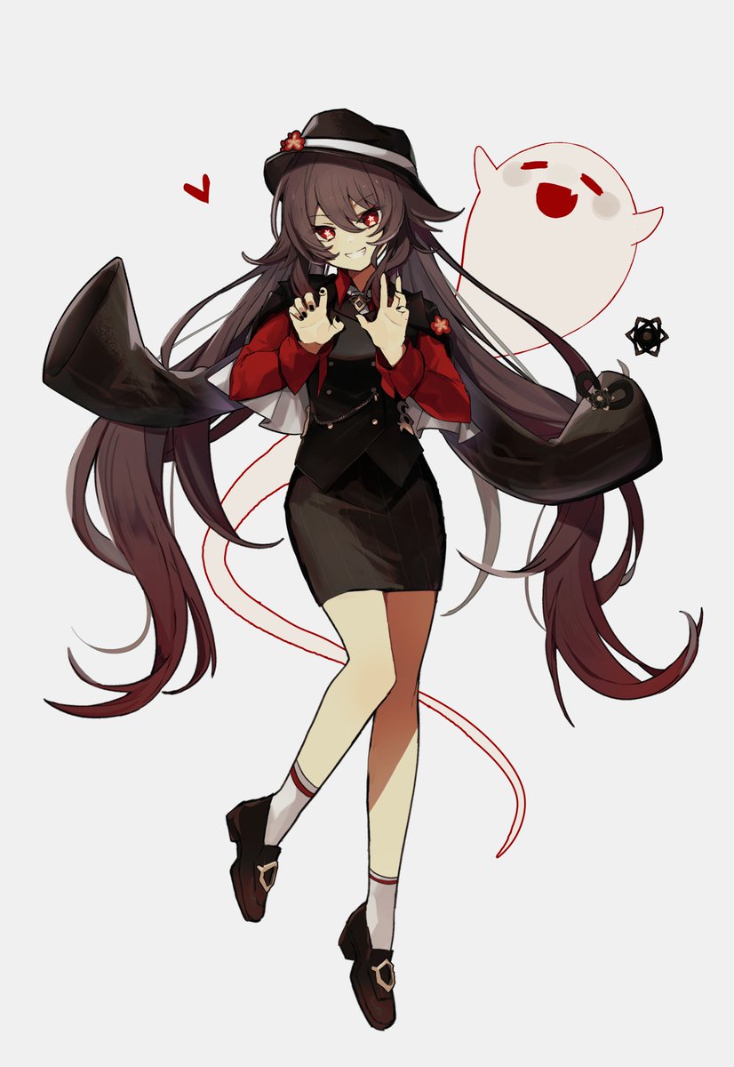 hu tao (genshin impact) 1girl ghost hat skirt long hair brown hair red eyes  illustration images