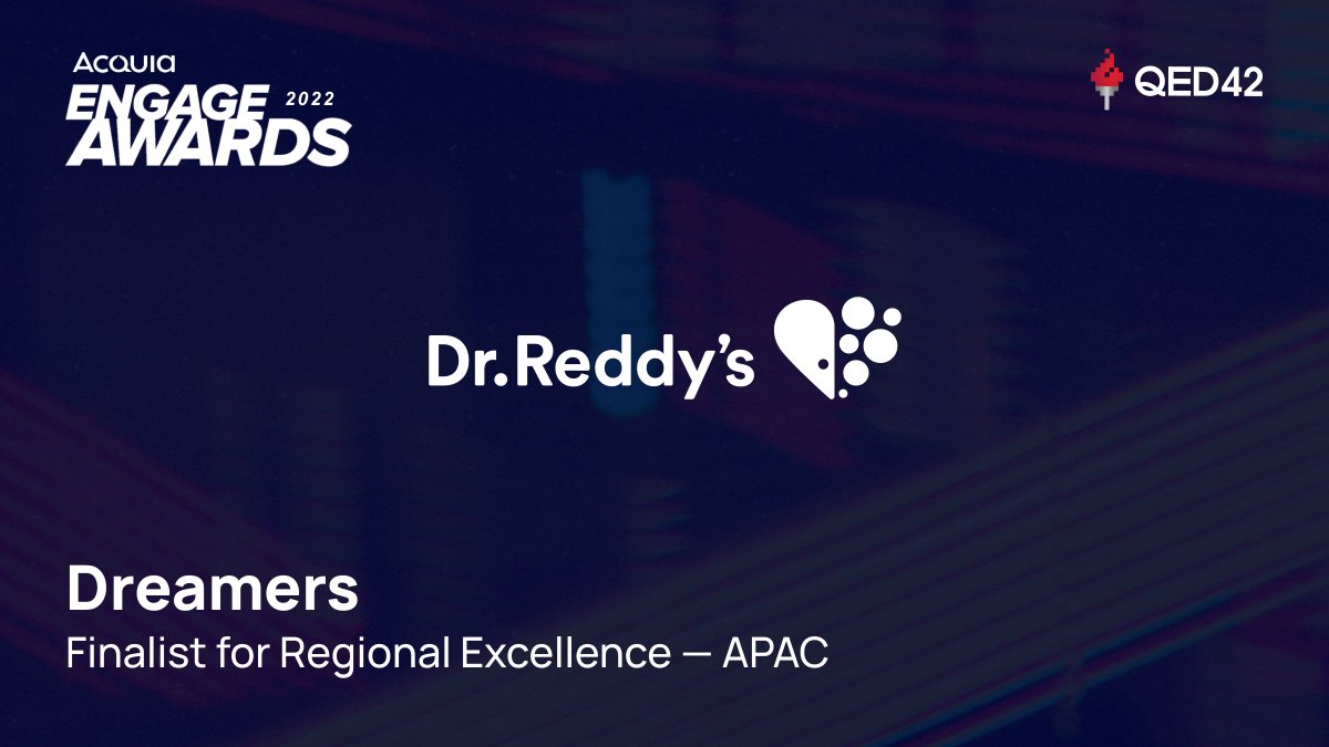 📣 We are thrilled to be named a finalist in the 2022 @Acquia Engage Awards!

Alongside our client <a href="/drreddys/">Dr. Reddy’s Laboratories Ltd</a> we've been nominated for the Dreamers: Regional Excellence - APAC award. 

🤞 Stay tuned for the winner announcements in October! 

#AcquiaEngage #Dreamers