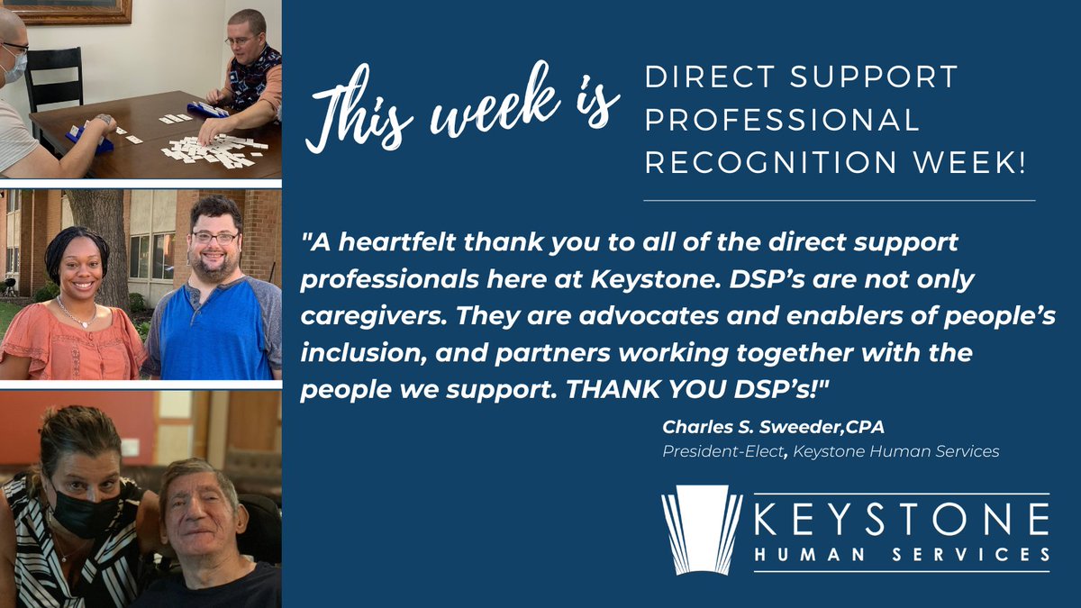 Keystone_KHS's tweet photo. A heartfelt thank you to all Direct Support Professionals at KHS. DSPs are not only caregivers. They are advocates & enablers of peopleโs inclusion, & partners working together with the people we support.
-Charles Sweeder, President-Elect KHS #DSPRW22
https://t.co/v8Qt28GA6v https://t.co/sEpinc1367