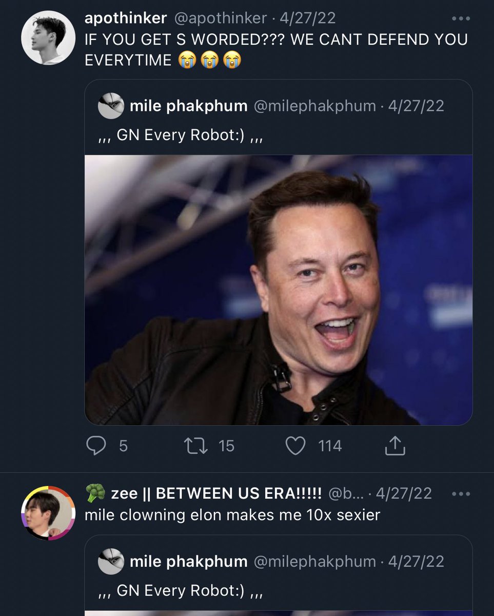 kptstruggles's tweet photo. so remember when mile fought elon musk 😀

#MilePhakphum #KinnPorsche #kpstruggles https://t.co/wF1OEB7kv7