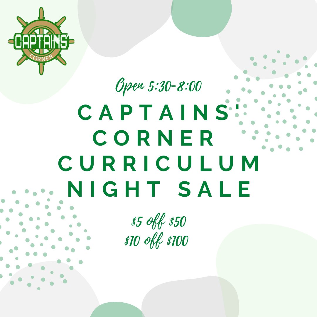 ccwkhs's tweet photo. Stop by Captains’ Corner tomorrow during curriculum night! https://t.co/F0nssAbSBf