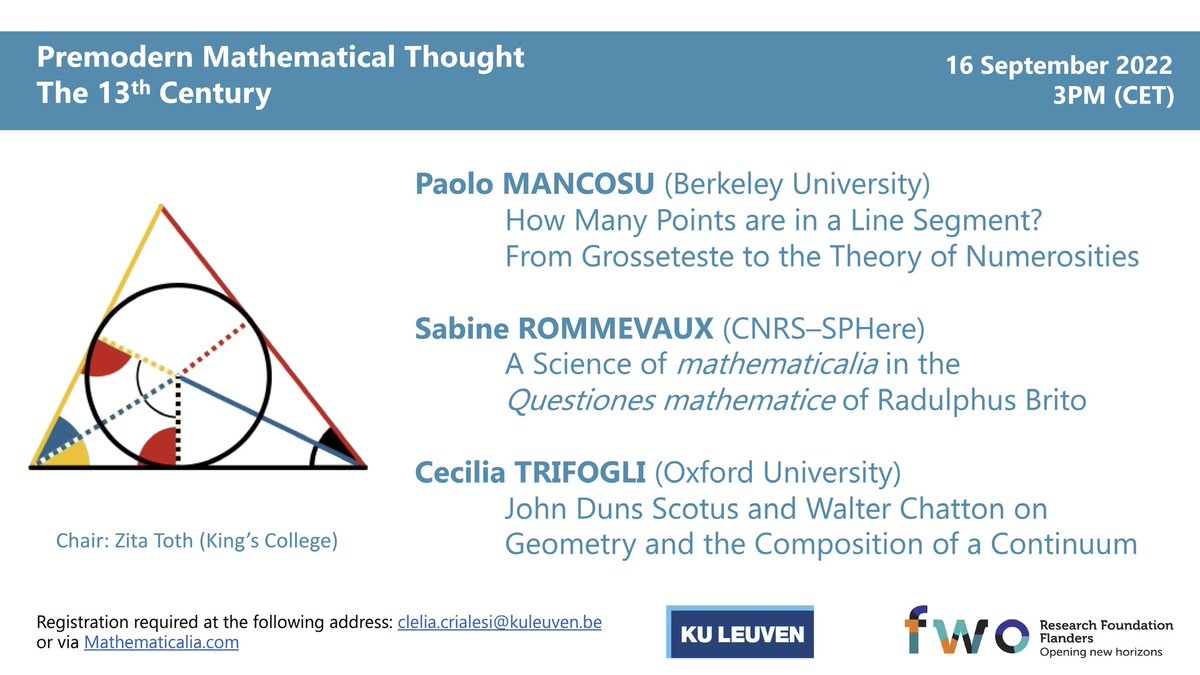 CleliaCrialesi's tweet photo. The first #PreMaT meeting is happening next Friday. We will discuss three papers on 13th-century philosophy and mathematics given by Paolo Mancosu, Sabine Rommevaux, and Cecilia Trifogli. The session will be chaired by Zita Toth. Registration is still possible. #HistSci https://t.co/w8fd7aBHYk