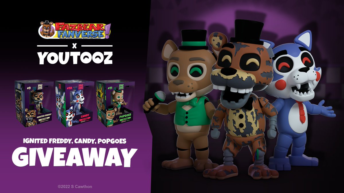 fanverse collection giveaway 🎩

🔁 for popgoes 
💟 for candy 
📝 comment freddy for ignited freddy  

3 winners for each figure announced friday ✨