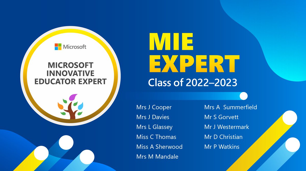 What a great way to start the new academic year! Congratualtions to the <a href="/BaeBaglan/">Ysgol Bae Baglan</a> teachers who have been recognised as #MIEExpert for 2022/23 by <a href="/MicrosoftEDU/">Microsoft Education</a> 

<a href="/HwbAddysg_Cymru/">Hwb Addysg Cymru</a> <a href="/MSEducationUK/">Microsoft Education UK</a> <a href="/Jenking__/">Jennifer King (Blum)</a>