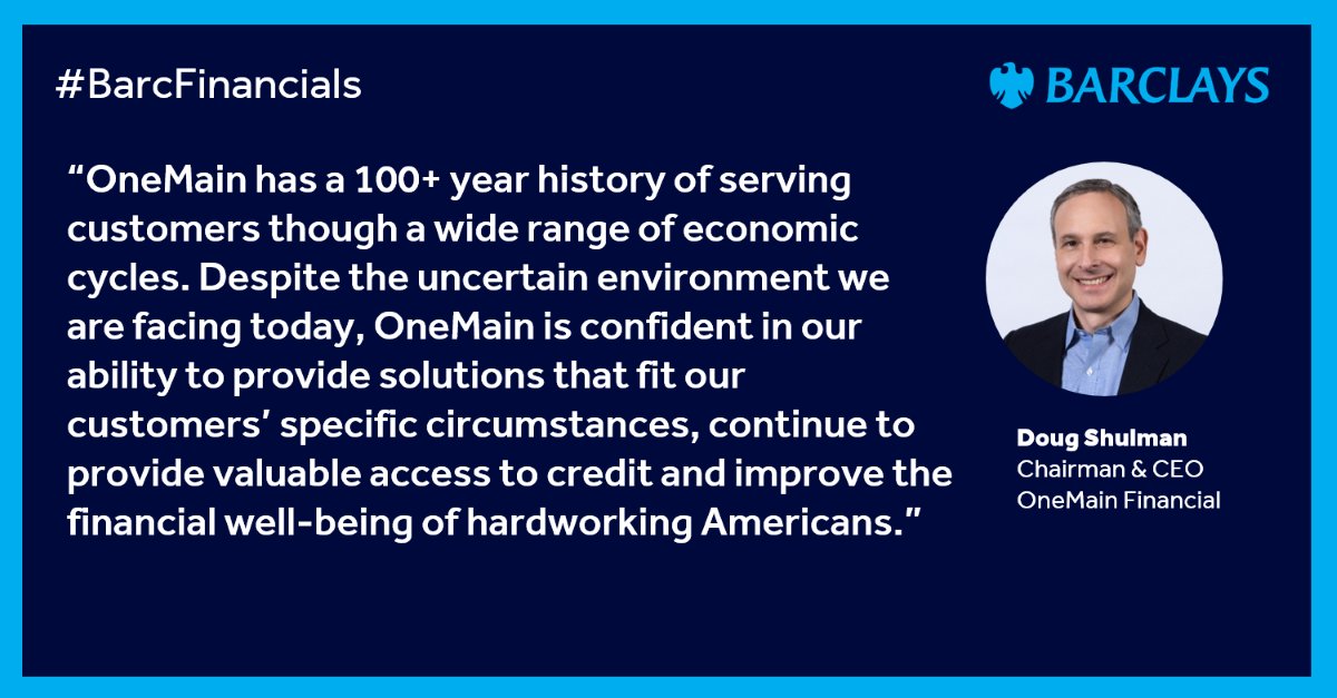 BarclaysCIB's tweet photo. We’re live with our #BarcFinancials conference, hearing from @onemain Chairman &amp; CEO Doug Shulman about how market uncertainty is impacting consumers and the company’s dedication to providing access to credit even in challenging environments. https://t.co/addTleCigg