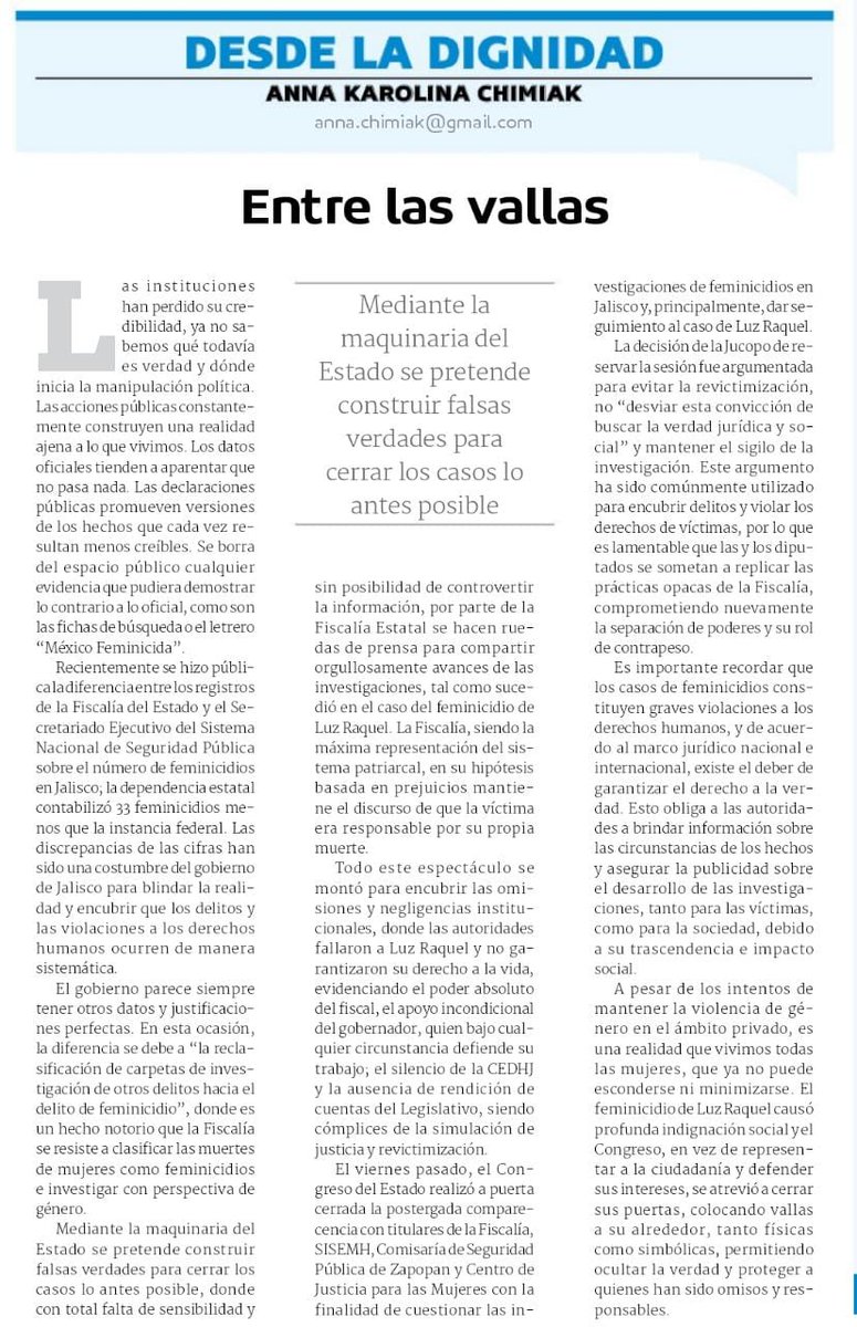 AnnaKarolinaCh's tweet photo. Comparto la colaboración en @NTRGuadalajara sobre la comparecencia a puertas cerradas en el @LegislativoJal 

No olvidemos que para los casos que constituyen graves violaciones a los derechos humanos, como lo son feminicidios, existe el deber de garantizar el derecho a la verdad https://t.co/18d4oOKNAz