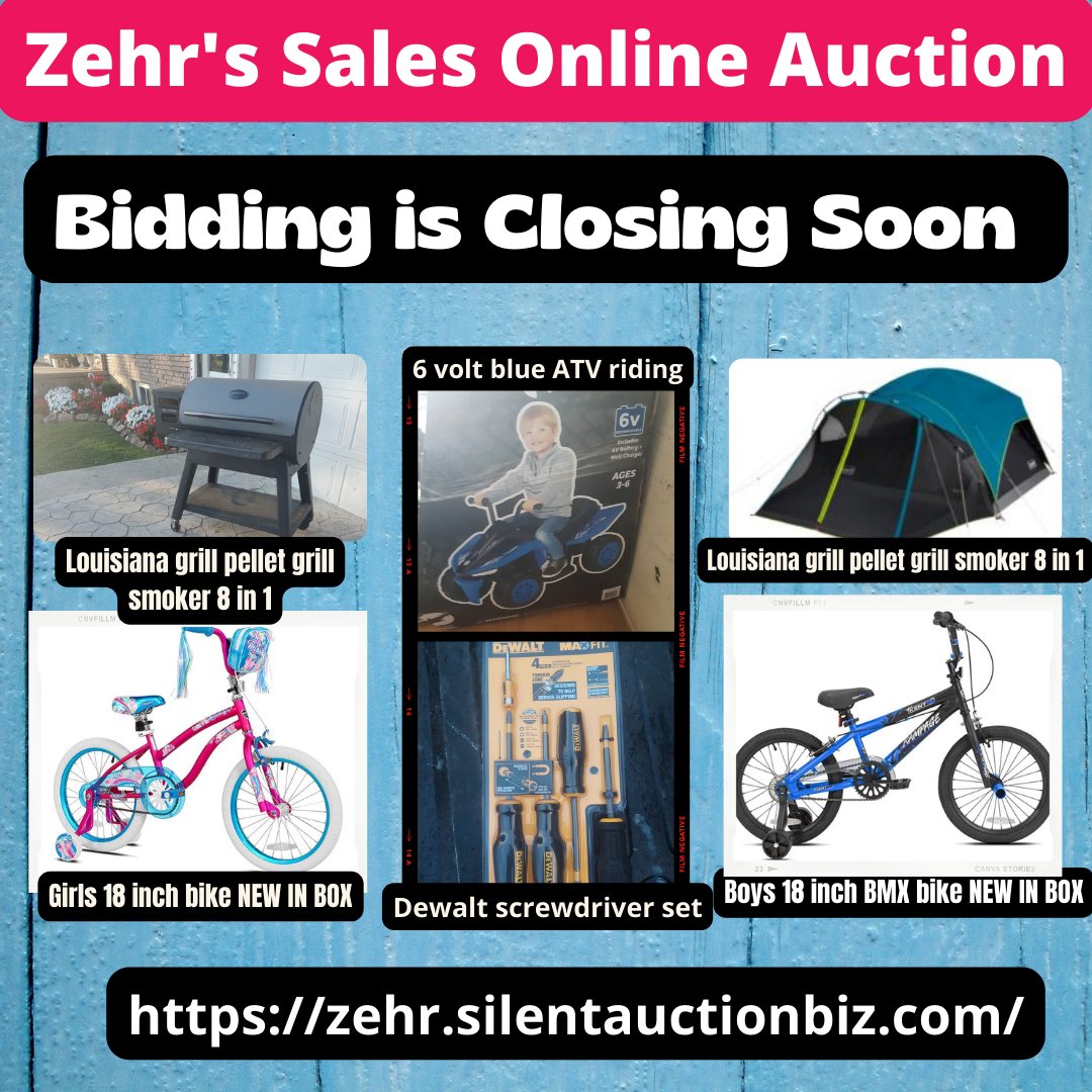 Bidding is Closing Soon!
Zehr's Sales and Manufacturing Online Auction has over 450 items to bid on.  Bidding starts to close Sept 14th at 6:00 pm
zehr.silentauctionbiz.com
#biddingopen #auctionclosingsoon #auction #auctions #auctionsale #biddingclosing #zehrssalesmillbank