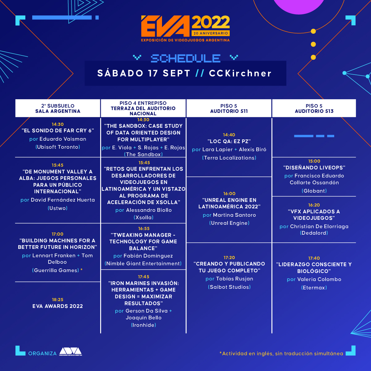 PressOverNews's tweet photo. ¿Ya revisaste el line up de la #EVA2022? 🎮 ¡La entrada es GRATUITA!
➡️ Las actividades en @ImageCampus son con inscripción previa (https://t.co/AMkniwb3FV)
➡️ Las conferencias en @elCCKirchner no lo requieren, pero las salas tienen una capacidad limitada 👥 ¡Llegá temprano! https://t.co/wbaLIrUb1e