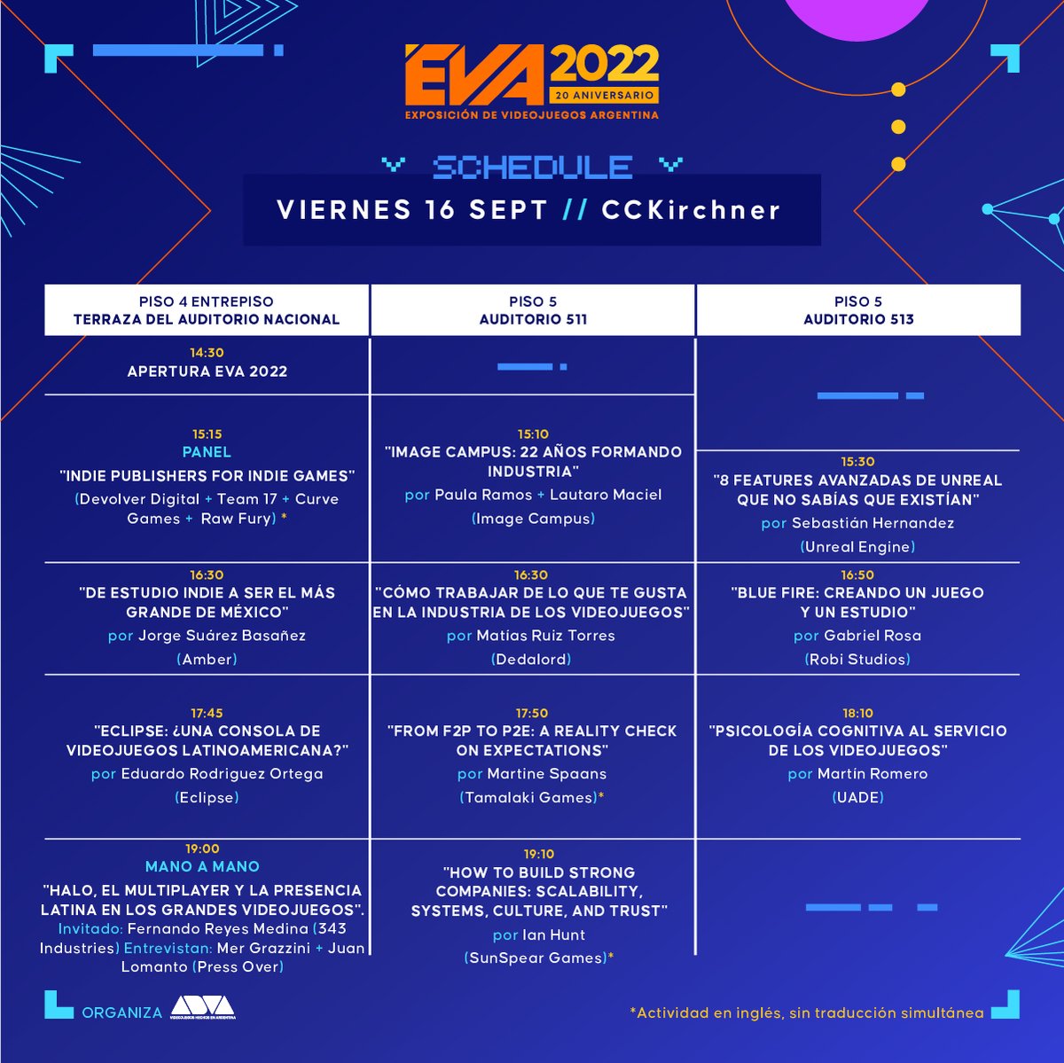 PressOverNews's tweet photo. ¿Ya revisaste el line up de la #EVA2022? 🎮 ¡La entrada es GRATUITA!
➡️ Las actividades en @ImageCampus son con inscripción previa (https://t.co/AMkniwb3FV)
➡️ Las conferencias en @elCCKirchner no lo requieren, pero las salas tienen una capacidad limitada 👥 ¡Llegá temprano! https://t.co/wbaLIrUb1e