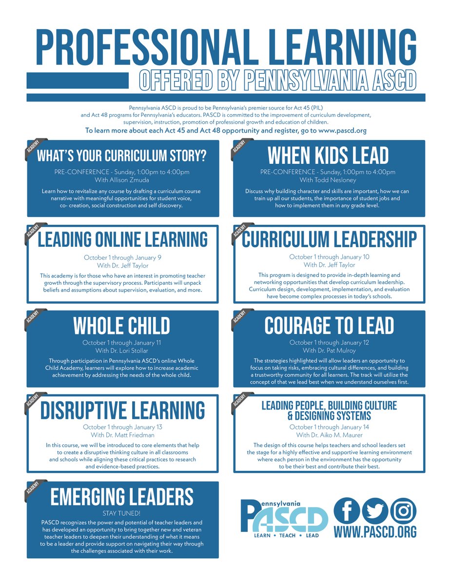With new research, updated practices, and modern teachings, come check out PASCD's #ProfessionalLearning Opportunities! It's where you can find all your #ACT45 and #ACT48 needs! 
Go to pascd.org to register! 
#PASCD2022 <a href="/ASCD/">ASCD</a> #Learn #Teach #Lead